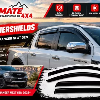 Weathershields fitted to a Ford Ranger Next Gen Wildtrak – 4-piece window door visor set